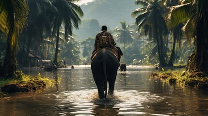 A traveler riding an elephant through the jungles of Thailand, experiencing the local wildlife and natural beauty. 