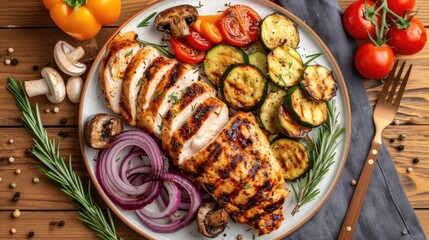 A plate of grilled chicken and mixed vegetables served on a table