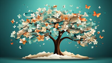 A tree with blossoms shaped like certificates and diplomas, symbolizing academic success  