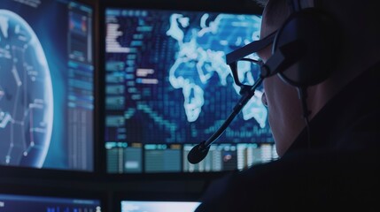 Wall Mural - Close-up of a cybersecurity expertâ€™s monitors with live network threat maps, intense vigilance, strategic operations. 