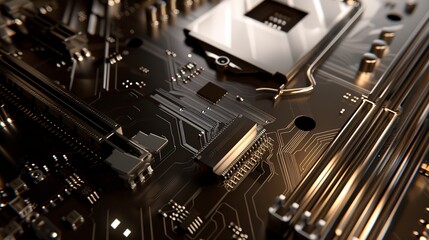 Wall Mural - Close-up of a CPU socket on a motherboard, intricate pins and circuits visible, key component of computing power. 