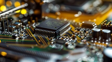 Wall Mural - Close-up of a CPU socket on a motherboard, intricate pins and circuits visible, key component of computing power. 