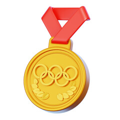 Olympic gold medal with red ribbon isolated Sports game goods and equipment icon 3d Rendering