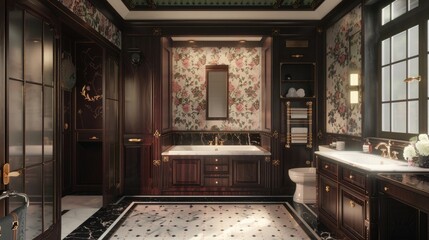 A Chinese style bathroom with dark wood cabinets, white tiles on the floor and walls, black marble floors, toilet cabinet, bathtub in the corner of the room,