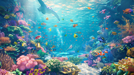 A vibrant underwater scene of a coral reef teeming with marine life. The reef is a burst of colors with various corals, anemones, and sponges. Schools of colorful fish swim in and out of the reef, alo