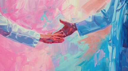 Wall Mural - A doctor's hand reaching out to an adult patient, with a pink and blue color palette, painted