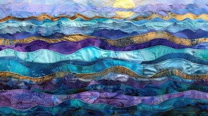 Wall Mural - A fabric art of an ocean with waves, with layers and shades in blues, purples, and golds, created with alcohol ink and metallic threads, very detailed