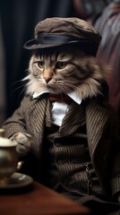 realistic cat as a detective Sherlock Holmes style smoking pipe British, generative ai