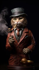 realistic cat as a detective Sherlock Holmes style smoking pipe British, generative ai