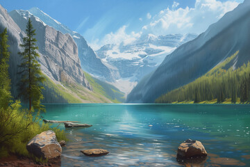 Wall Mural -  a peaceful and uplifting painting of a serene lake surrounded by majestic mountains.


