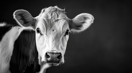Wall Mural - close up image of a beautiful cow in black and white against a dark background
