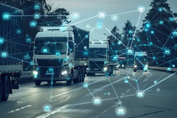 Poster - Global fleet management network with trucks, icons, and digital connections