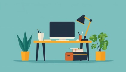 Generate a flat design of a modern office desk with a tablet, a stylus, and a stack of documents