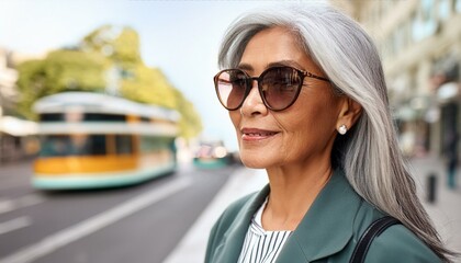 A stylish mature woman with grey hair is waiting for public transport in the city. She is wearing sunglasses