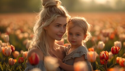 Poster - a woman is holding a little girl in a field of tulips