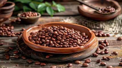 Pile many raw brown beans in a clay plate on a wooden table