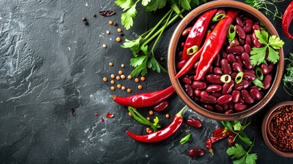 Wall Mural - A bowl of chili with a variety of vegetables and spices on a black background