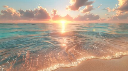 Tranquil Beach Scene: Capture a tranquil beach scene with clear waters, sandy shores, and a stunning sunset,