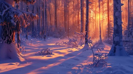 Wall Mural - Winter forest sunrise