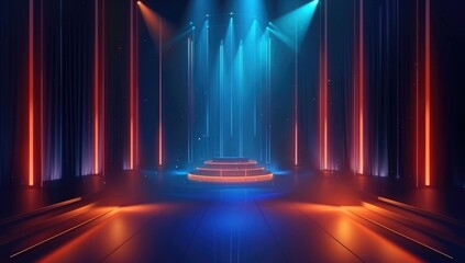 Canvas Print - Abstract background for presentation with blue and orange light rays, stage with lights and podium in dark night scene. Vector illustration of empty room interior design for fashion show or concert.