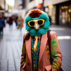 Wall Mural - a portrait of cute bird in suit with an umbrella and colorful scarf