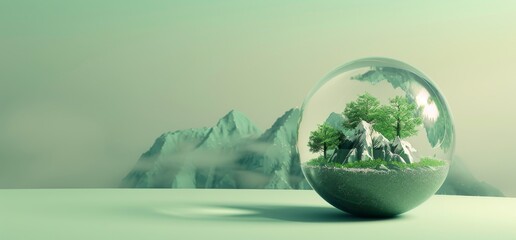 Wall Mural - 3d illustration of green earth with mountains and trees inside glass sphere, isolated on light background, minimalistic design