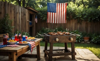 A festive 4th of July feast featuring grill with roast meat that is smoked, vegetable salads, and colorful drinks on a table,  American flag and backyard BBQ party for Independence Day background