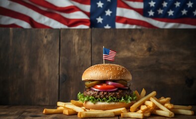 Wall Mural - A hamburger with an American flag stuck on it from above, surrounded by fresh French fries, an USA flag waving behind, 4th July food, on a brown rustic wooden background, top view, copy space for text