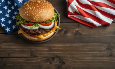 Wall Mural - American flag on top border, burger or cheeseburger on a plate, 4th July meal style, on a brown rustic wooden background, top view, copy space for text