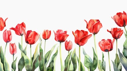 Wall Mural - Watercolor painting of red tulips on a bright white backdrop representing the essence of spring suitable for a heartfelt greeting card