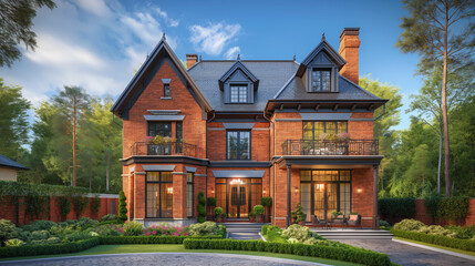 A grand brick mansion with a black roof and ornate details stands proudly in a lush, green estate. The setting sun casts a warm glow on the house, creating a tranquil and inviting atmosphere