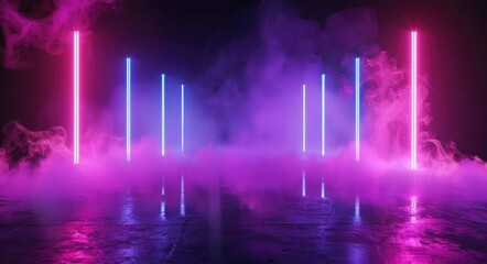 Wall Mural - Abstract background with neon light, night sky and smoke on dark floor, glowing lines in purple pink color. Night scene of empty room or stage for product presentation