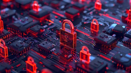 Wall Mural - A digital illustration of red padlocks arranged in an organized pattern on top of circuit boards, representing data security and cyber protection.