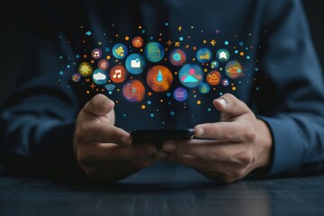 Wall Mural - Businessman using mobile phone with digital marketing icons floating above, closeup on hands and device screen.