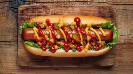 Wall Mural - Hotdog with condiments on wooden surface