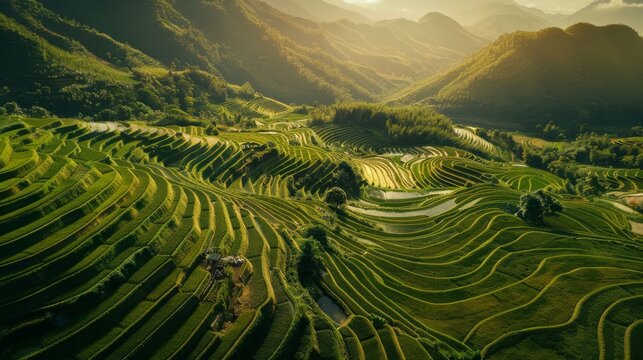 A stunning aerial view of lush, green terraced rice fields on mountain slopes, beautifully illuminated by the golden hour sunlight.
