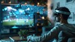 © Pro Hi-Res - Man wearing vr headset watching soccer game on television in living room.