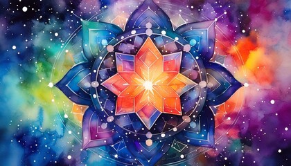 Wall Mural - Vibrant geometric art adorned with celestial stars and galaxies, painted in watercolor and digitally enhanced with a mandala-inspired design
