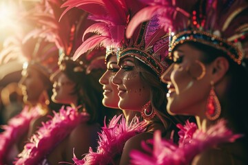 Wall Mural - Group women profile portrait in samba or lambada costume with pink feathers plumage during the event, copy space, happy atmosphere, concept of carnivals, happiness and passion