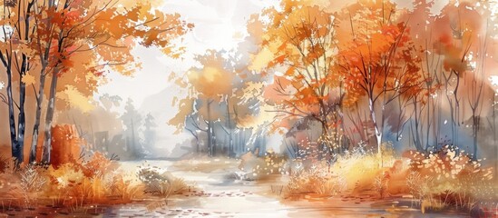 watercolor autumn forest, beautiful trees with orange and red leaves, golden light, path in the woods, soft colors, delicate brush strokes, beautiful nature landscape, fantasy illustration