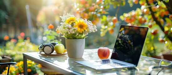 Wall Mural - Laptop, flower pot with sunflowers and apple on glass table in garden background, working from home concept