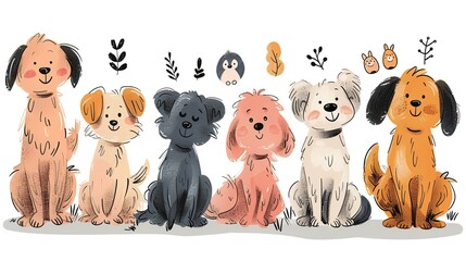 A set of six cute and colorful dogs in a cartoon style. The dogs are all different breeds and are sitting in a row.