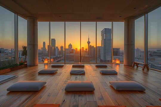Yoga studio with city skyline view at sunset, urban design