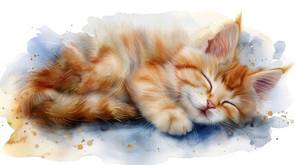 Wall Mural - A watercolor painting of a cute orange kitten sleeping soundly on a blue and white background.