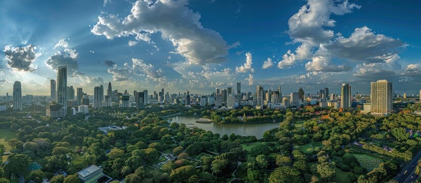 panoramic aerial view of the Bangkok city skyline with a green park, blue sky and clouds during the daytime.