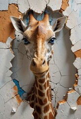 Wall Mural - Giraffe Peeking Through Cracked Wall