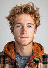 Wall Mural - A young man with tousled blond hair and piercing blue eyes stares intently at the camera. He wears a brown and orange plaid flannel shirt with a fleece-lined hood