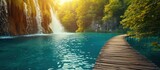 Fototapeta Most - A stunning view of the turquoise waters and lush greenery at Europe's most beautiful lake in passionately colorful summer sunlight.