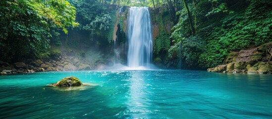 Waterfall in a tropical jungle on Bali island during the spring season, in a wide angle shot with a cinematic and beautiful style, resembling a National Geographic photography award-winning photograph