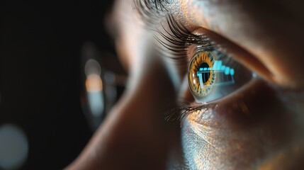 Close-up view of a data analyst's eye, reflecting graphs and code, high contrast and sharp focus. 